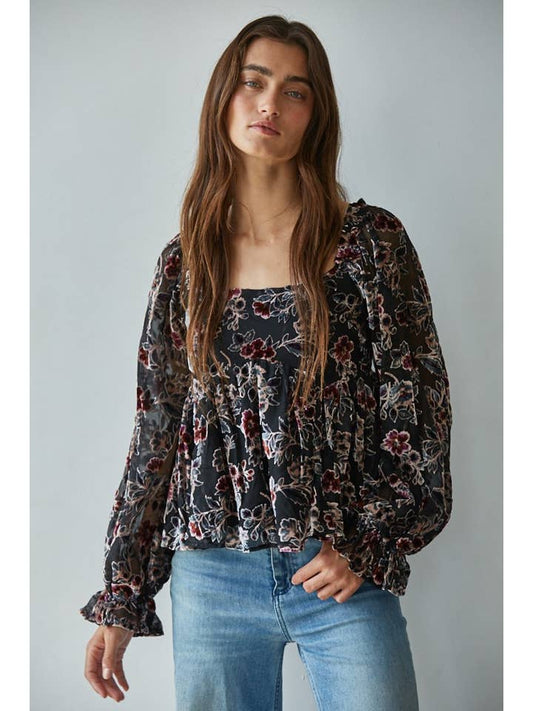 Velvet Mesh Floral Top - Black Multi