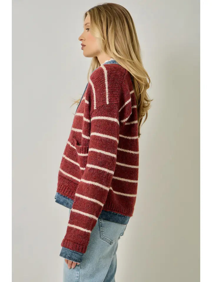 Striped Denim Hem Sweater Jacket - Chili