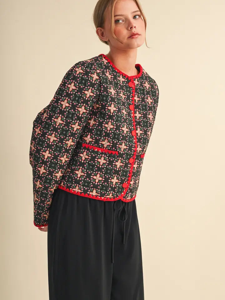 Quilted Floral Jacket - Deep Green