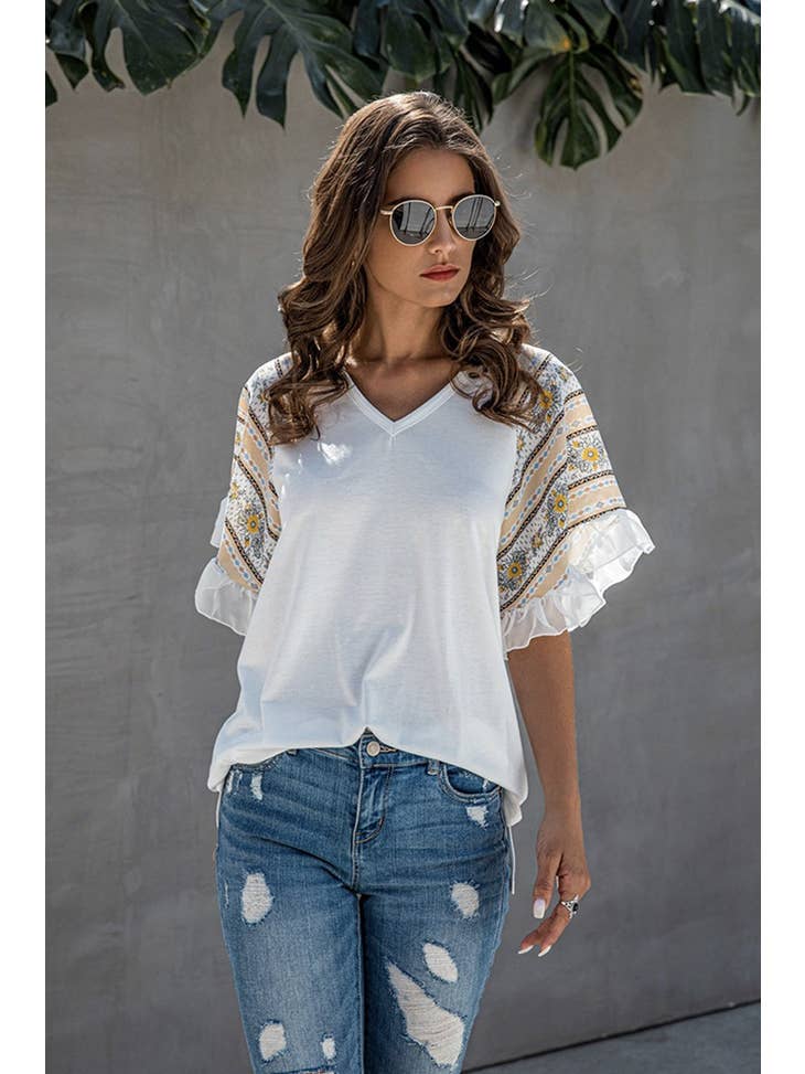 Printed Ruffle Sleeve Top - White - FINAL SALE