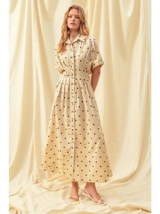 Polka Dot Shirt Dress - Oatmeal/Black
