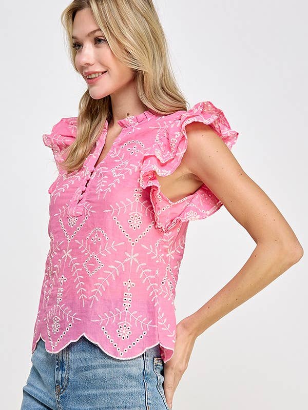 Eyelet Frill Top - Pink