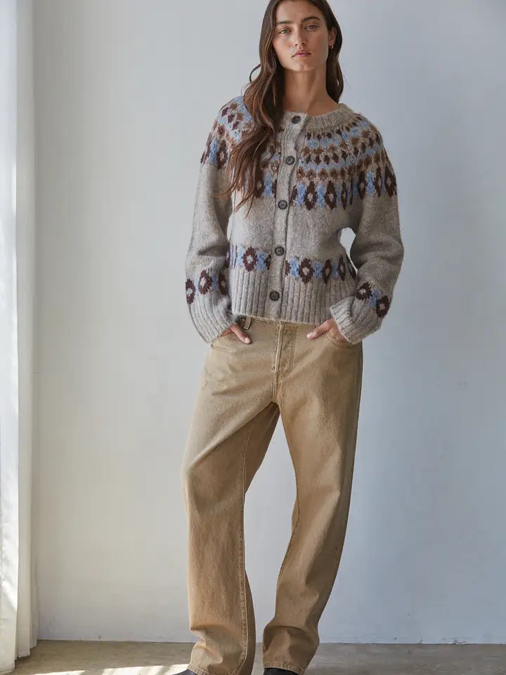 Knit Fair Isle Long Sleeve Cardigan - Mocha Blue