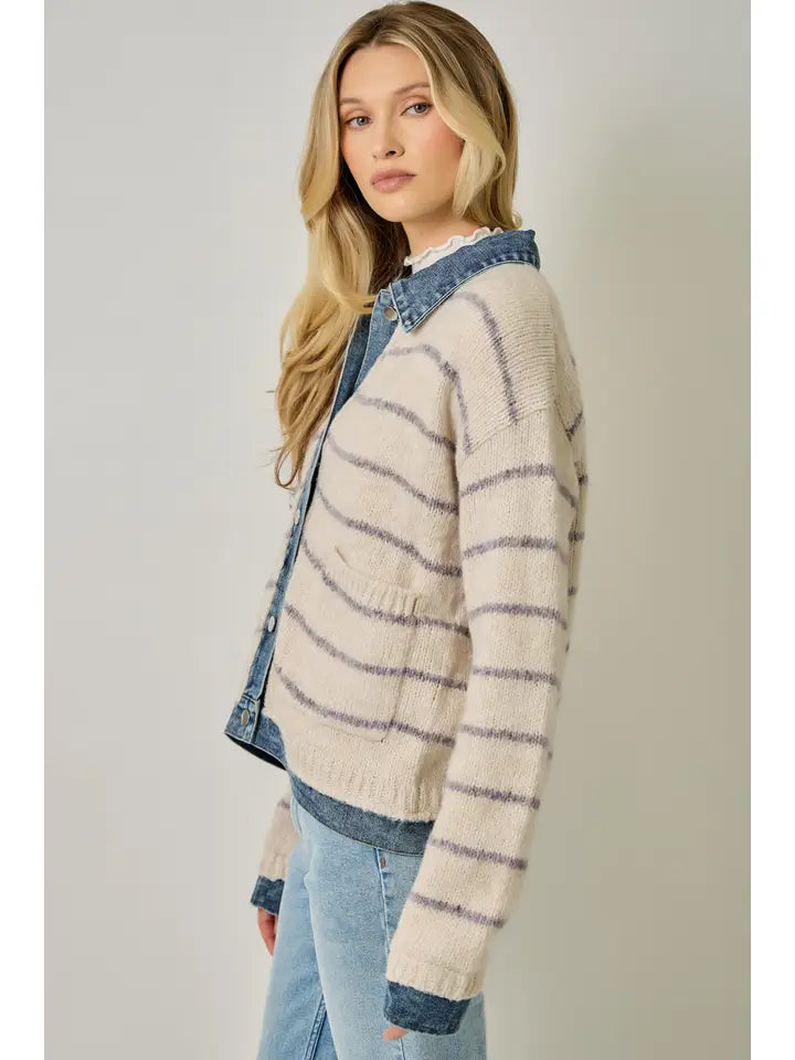 Striped Denim Hem Sweater Jacket - Oatmeal