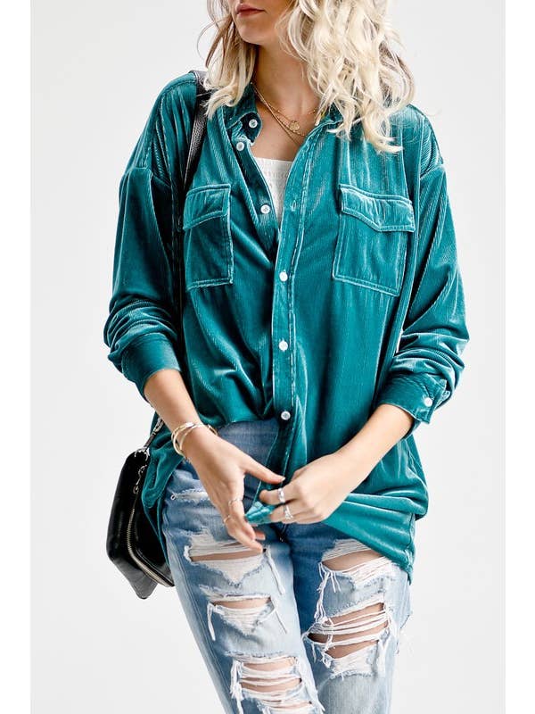 Velvet Button Down Shirt - Hunter Green