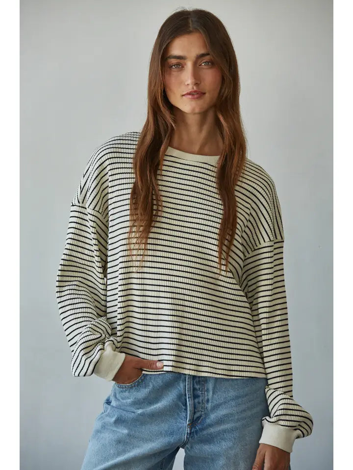 Ribbed Crew Neck Top - Cream/Black
