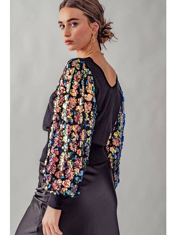 Sequin Puff Sleeves Top - Multi