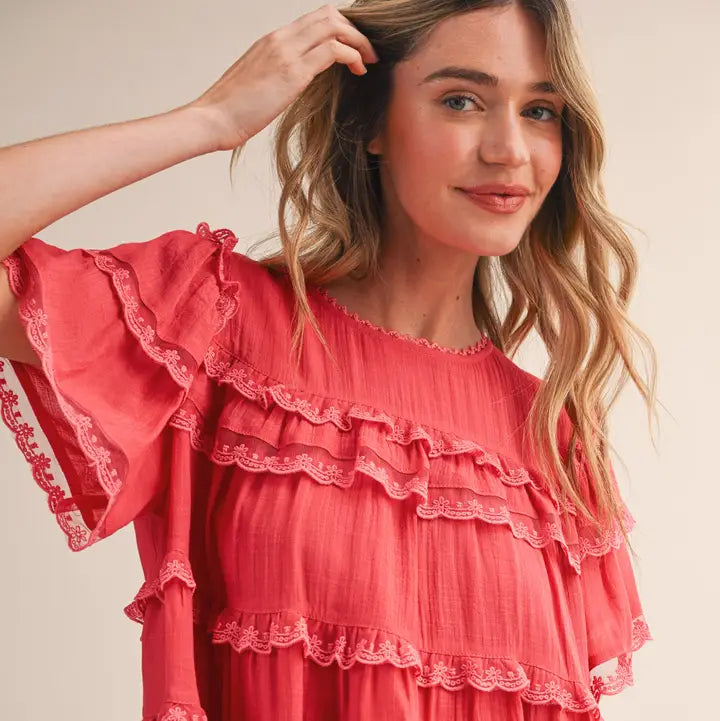 Tiered Ruffle Swing Top - Coral Orange