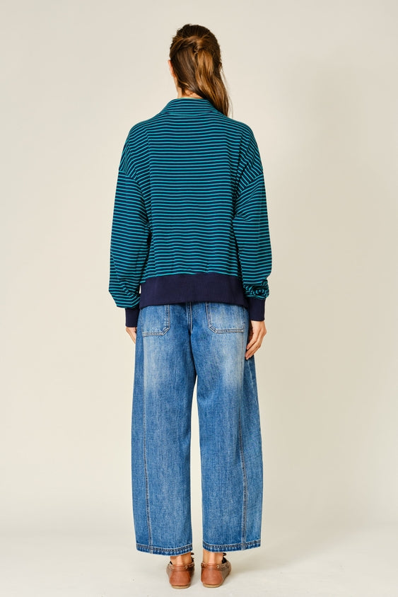 Pullover Striped Eyelet Detail Sweatshirt - Navy/Green