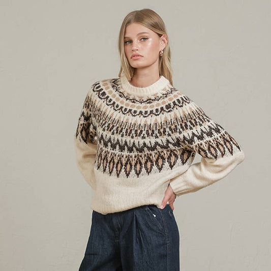 Nordic Pattern Knit Sweater - Ivory Mix