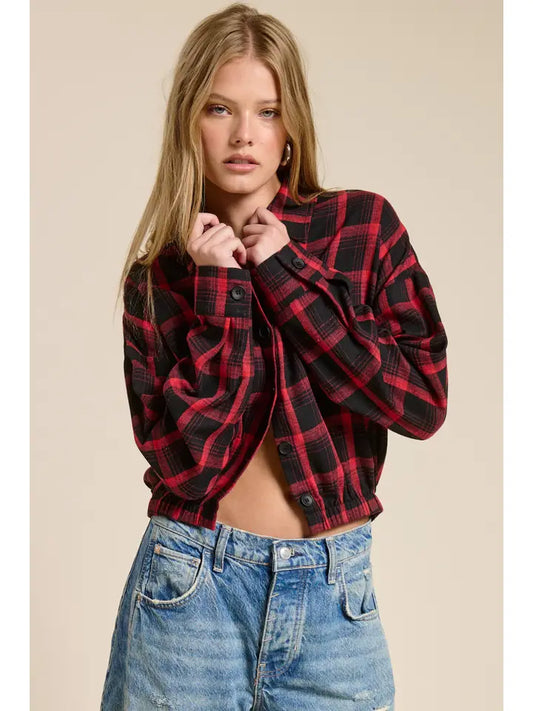 Plaid Cropped Button Down - Red