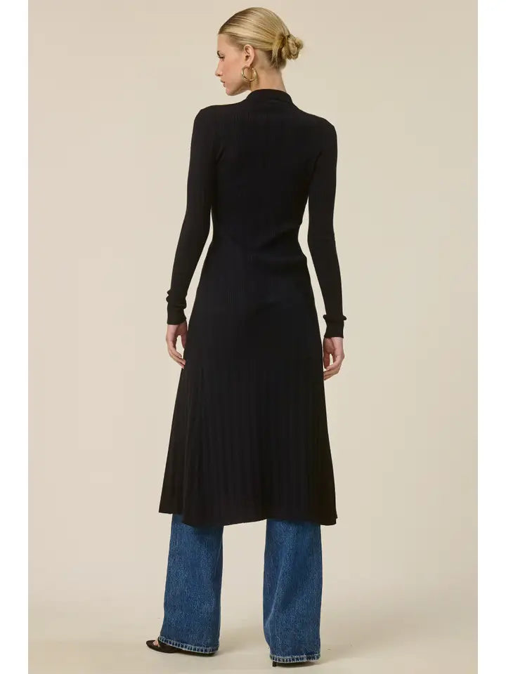 Collared Ribbed Knit Duster Cardigan - Black