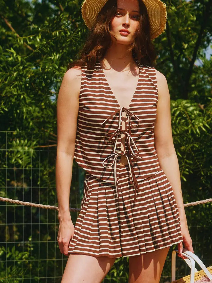 Stripe Tie Front Vest - Brown/Cream