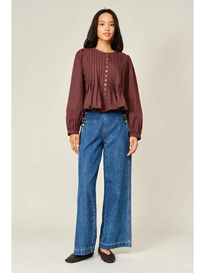 Pleated Babydoll Puff Sleeve Blouse - Brick