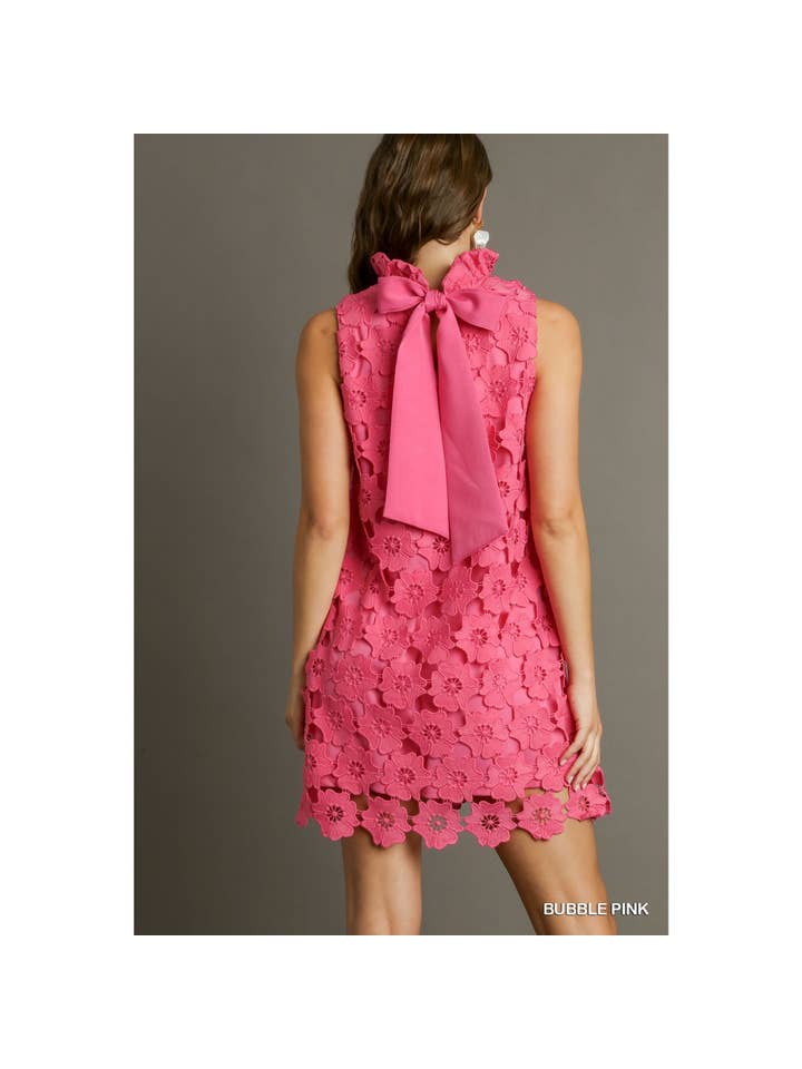 High Neck Floral Lace Dress - Bubble Pink