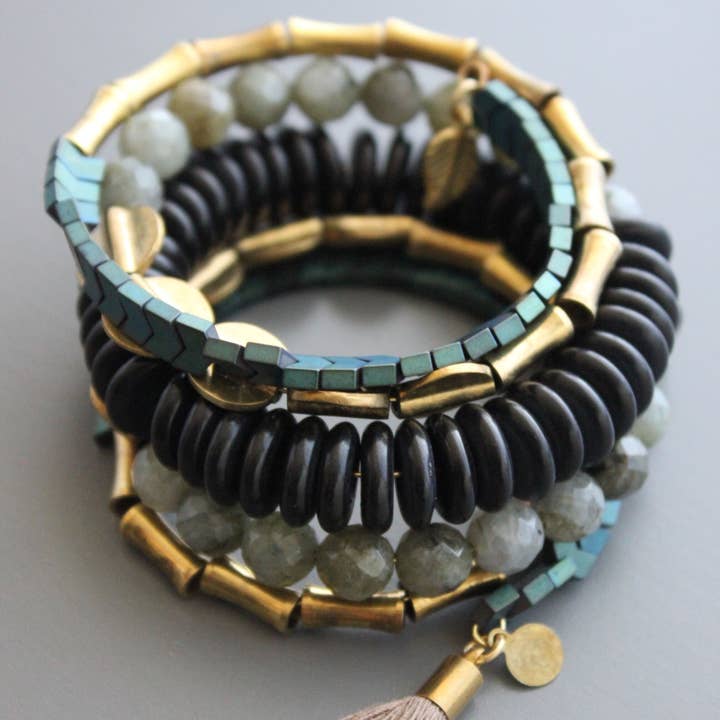 Wrap Bracelet - Black Stone and Green Hematite