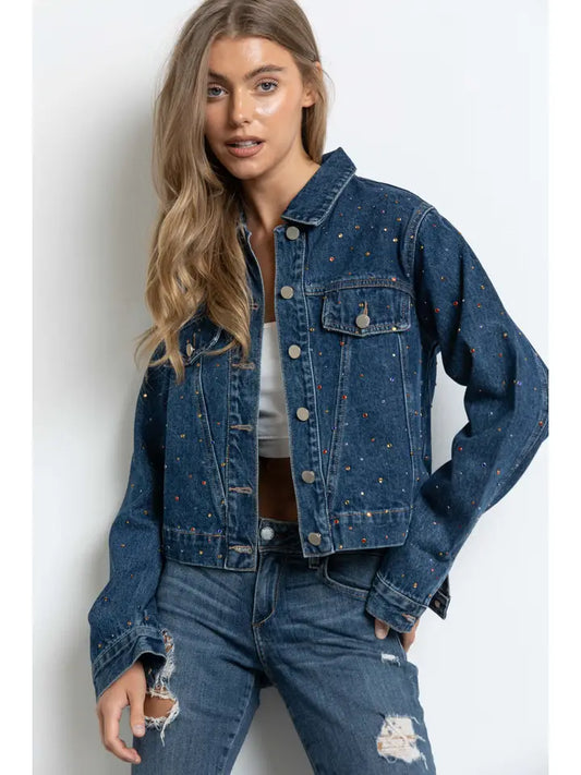 Rhinestone Denim Jacket - Dark Denim