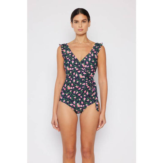 Ruffle Wrap Tie Swimsuit - Roses Black