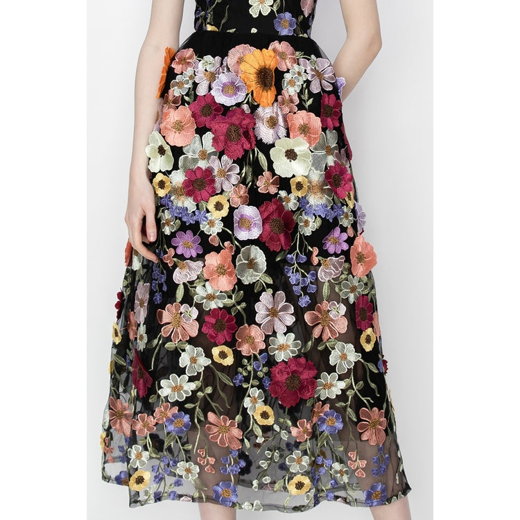 Floral Embroidered Midi Dress - Black