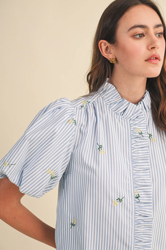 Embroidered Striped Ruffle Button Down - Blue