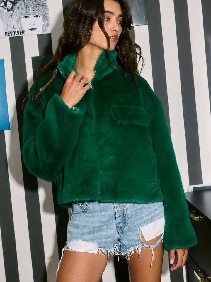 Zip-Up Faux Fur Crop Jacket - Green