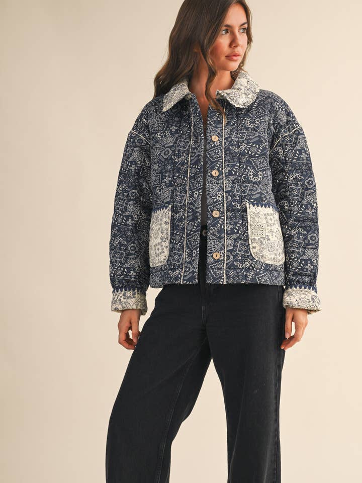 Quilted Bandana Print Jacket - Navy