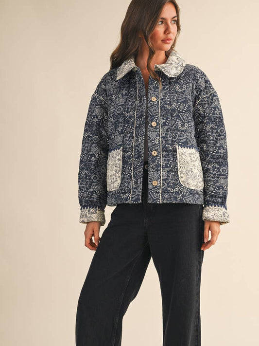 Quilted Bandana Print Jacket - Navy