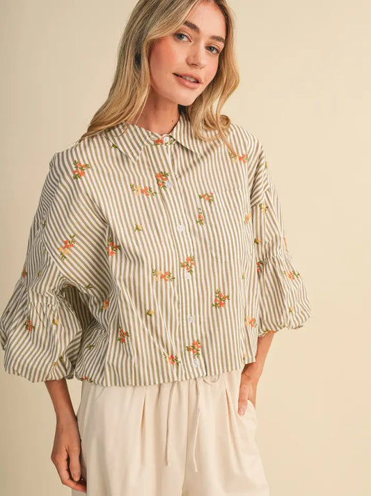 Embroidered Bubble Sleeve Button Down - Sand Stripe Floral