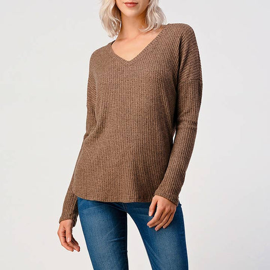 V-Neck Brushed Knit Top - Mocha