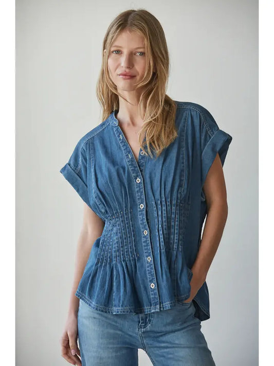 Pleated Button Down Top - Dark Denim