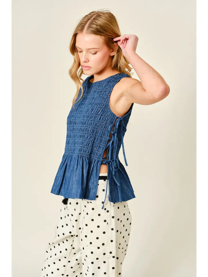 Denim Smocked Tie Top - Denim