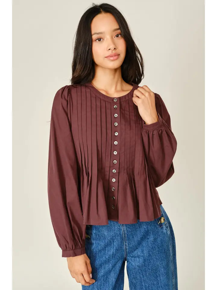 Pleated Babydoll Puff Sleeve Blouse - Brick