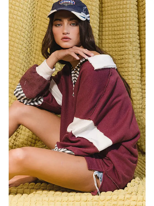 Color Block Rugby Top - Burgundy/Cream