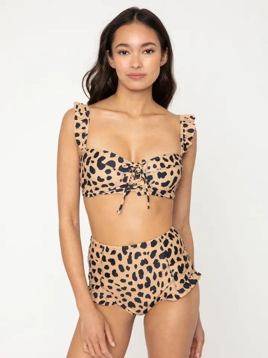 Tie Front Ruffle Bikini - Leopard