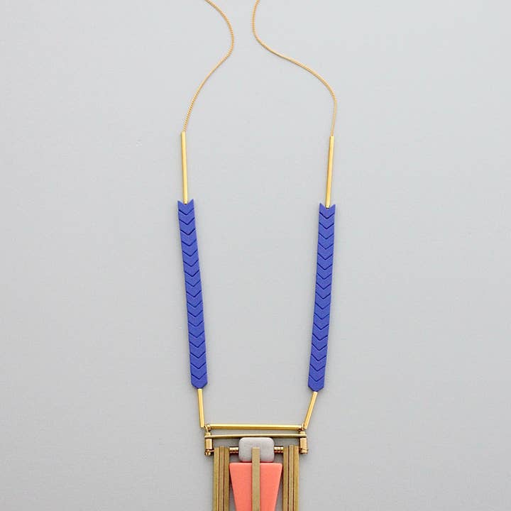 Blue and Coral Art Deco Chain Necklace