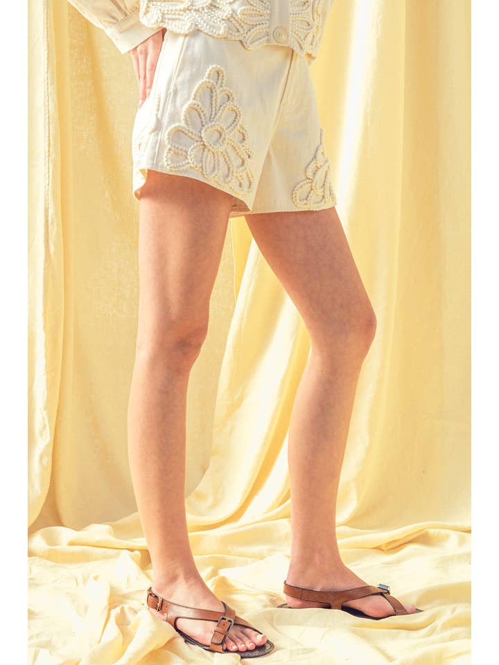 Floral Embellishment  Shorts - Ecru