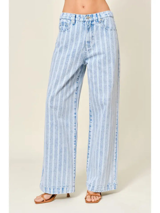 Striped Straight Pants - Light Denim