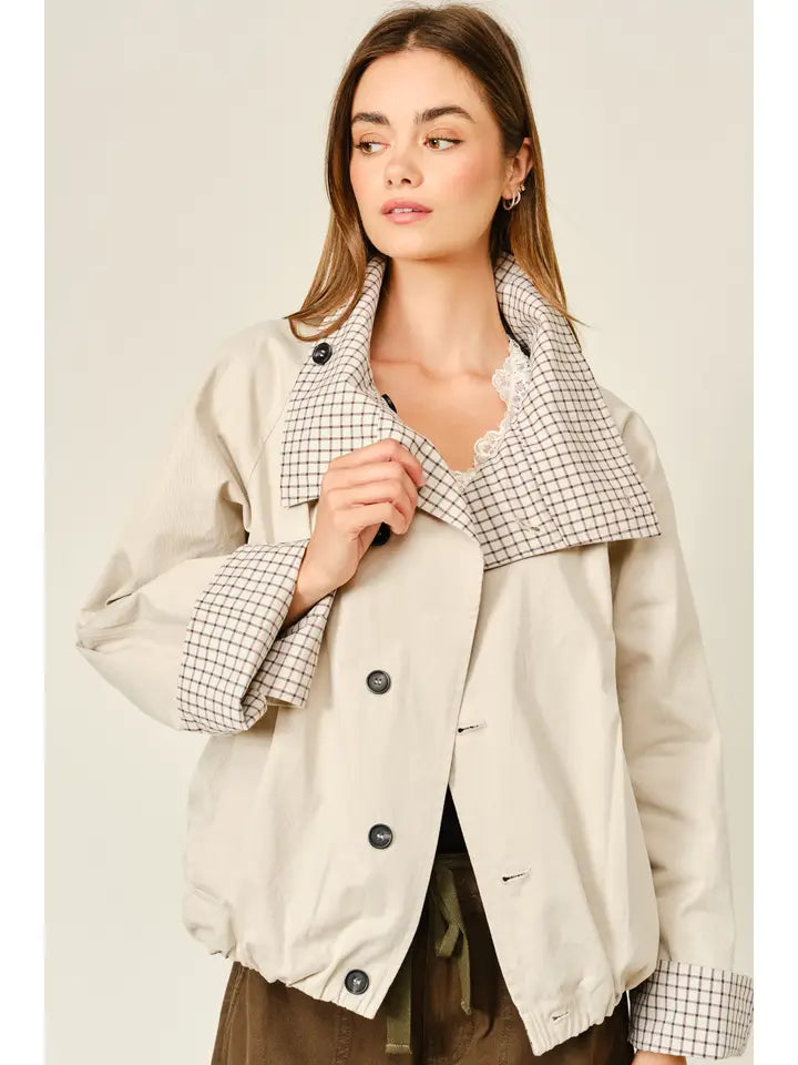 Check Reversible Turtleneck Jacket - Beige