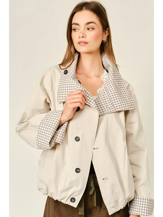 Check Reversible Turtleneck Jacket - Beige
