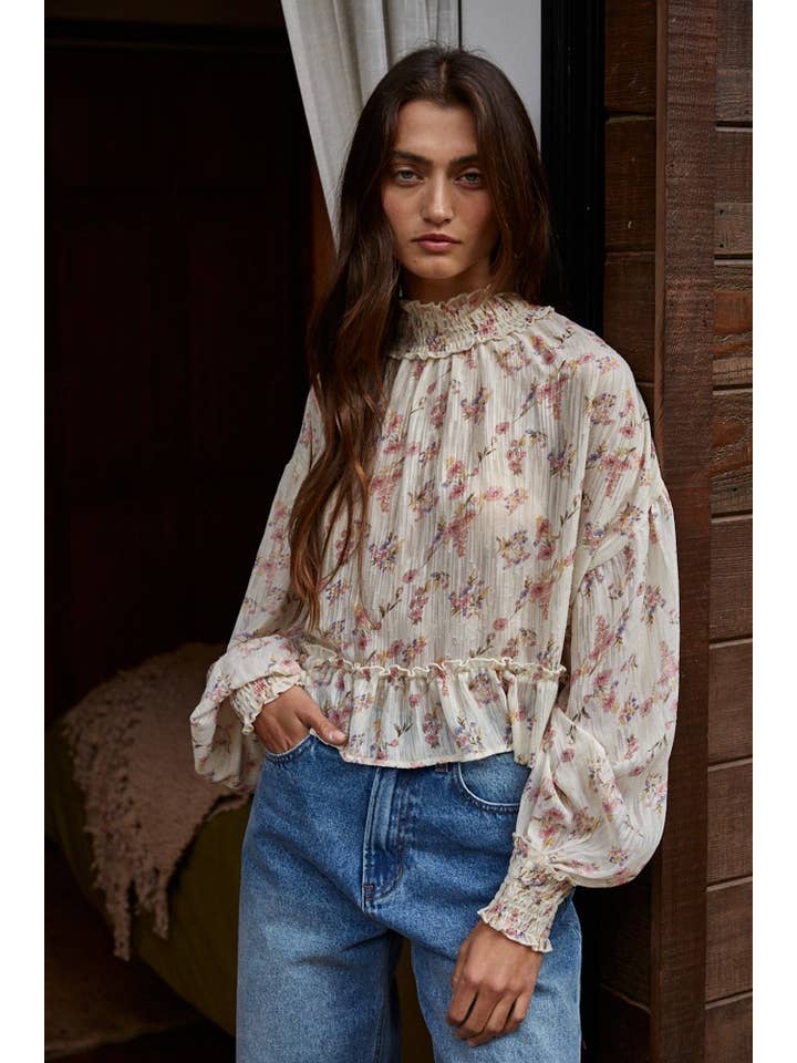 Floral Mock Neck Blouse - Cream Multi