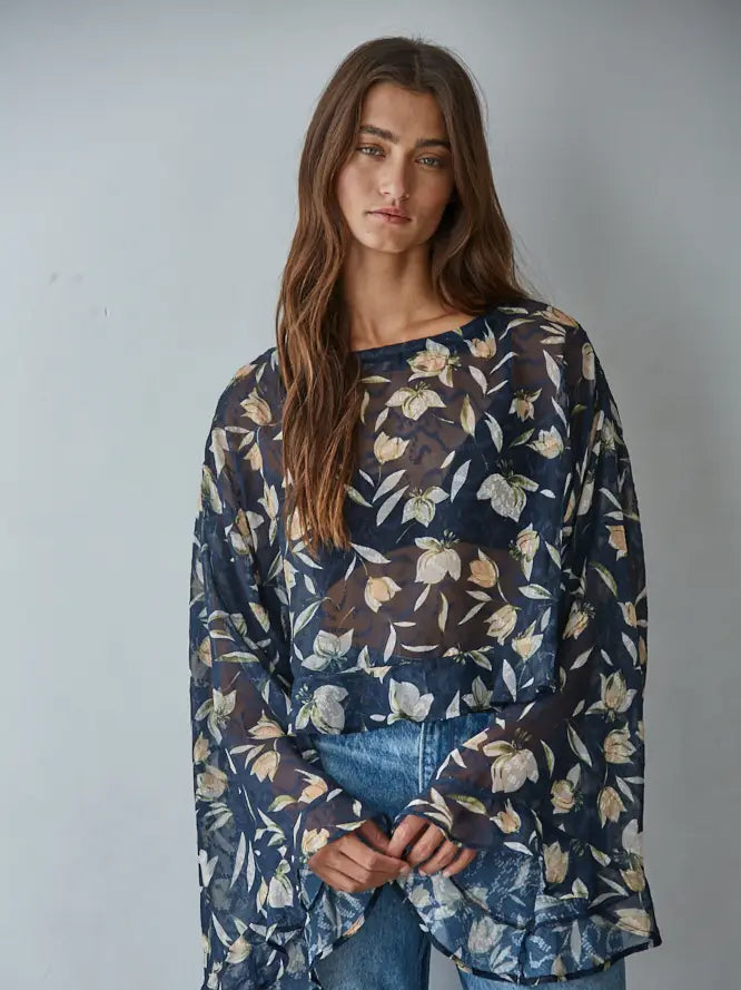 Ruffle Floral See Through Top - Navy Multi