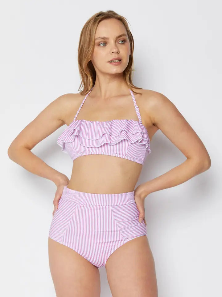 Ruffled Bandeau Bikini - Stripe Pink