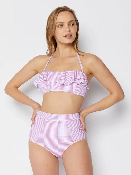 Ruffled Bandeau Bikini - Stripe Pink