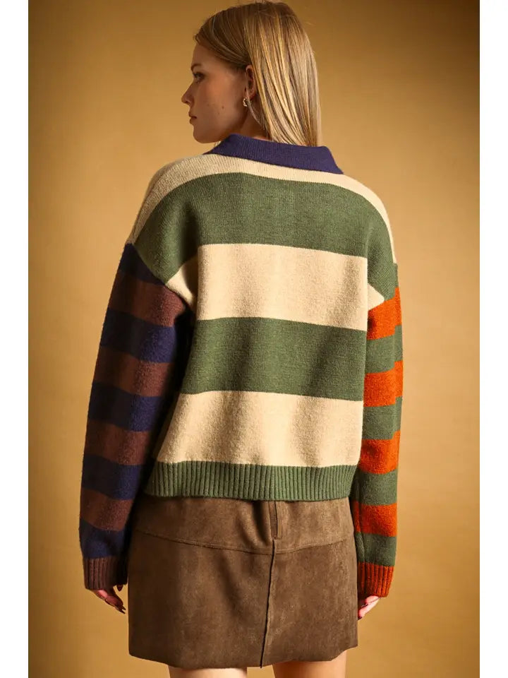 Color-Block Polo Sweater - Brown Multi