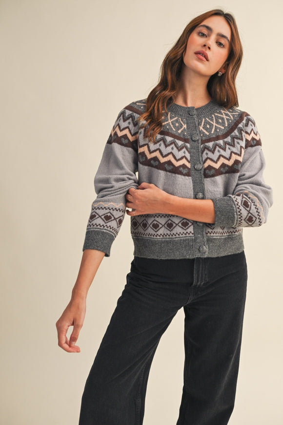 Fair Isle Heart Cardigan - Grey Brown