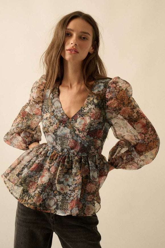 Organza Puff-Sleeve Peplum Top - Black