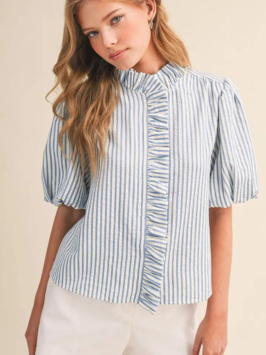 Striped Ruffle Button Down - Azule Blue