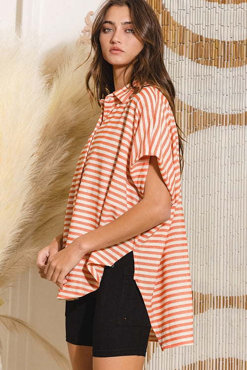 Oversized Dolman Sleeve Shirt - Coral Stripe