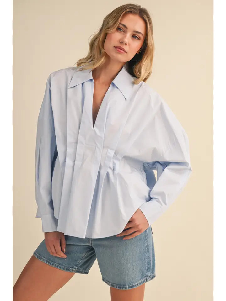 Pleated Detail Collared Shirt - Blue
