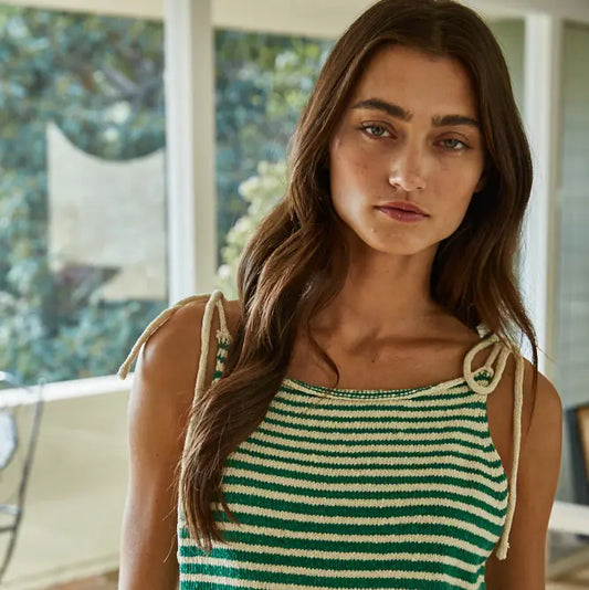 Striped Spaghetti Tie Strap Top - Green Natural